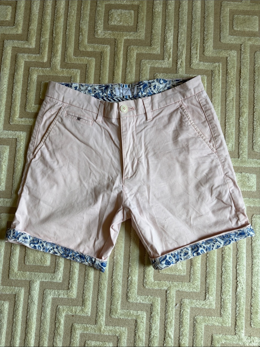 Denim & Flower Light Pink Rolled-Hem Shorts with Paisley Floral Trim